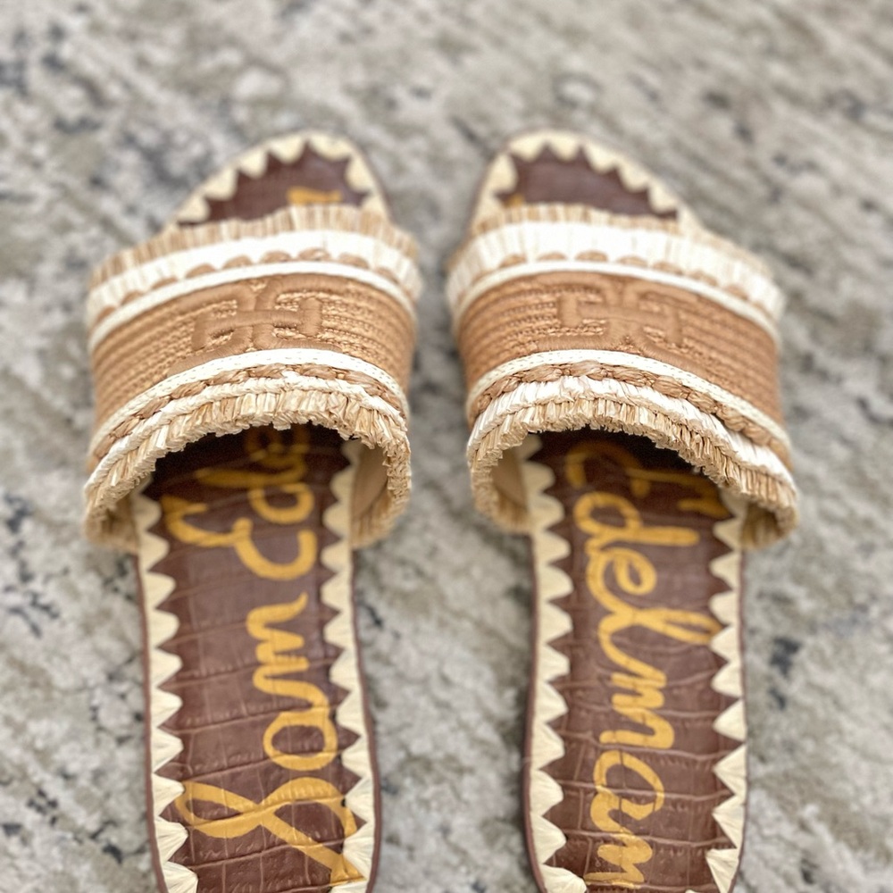 Sam Edelman Georgia Linen Raffia Slide Sandals Fringe Size 6 Boho Backyard BBQ - Picture 6 of 8